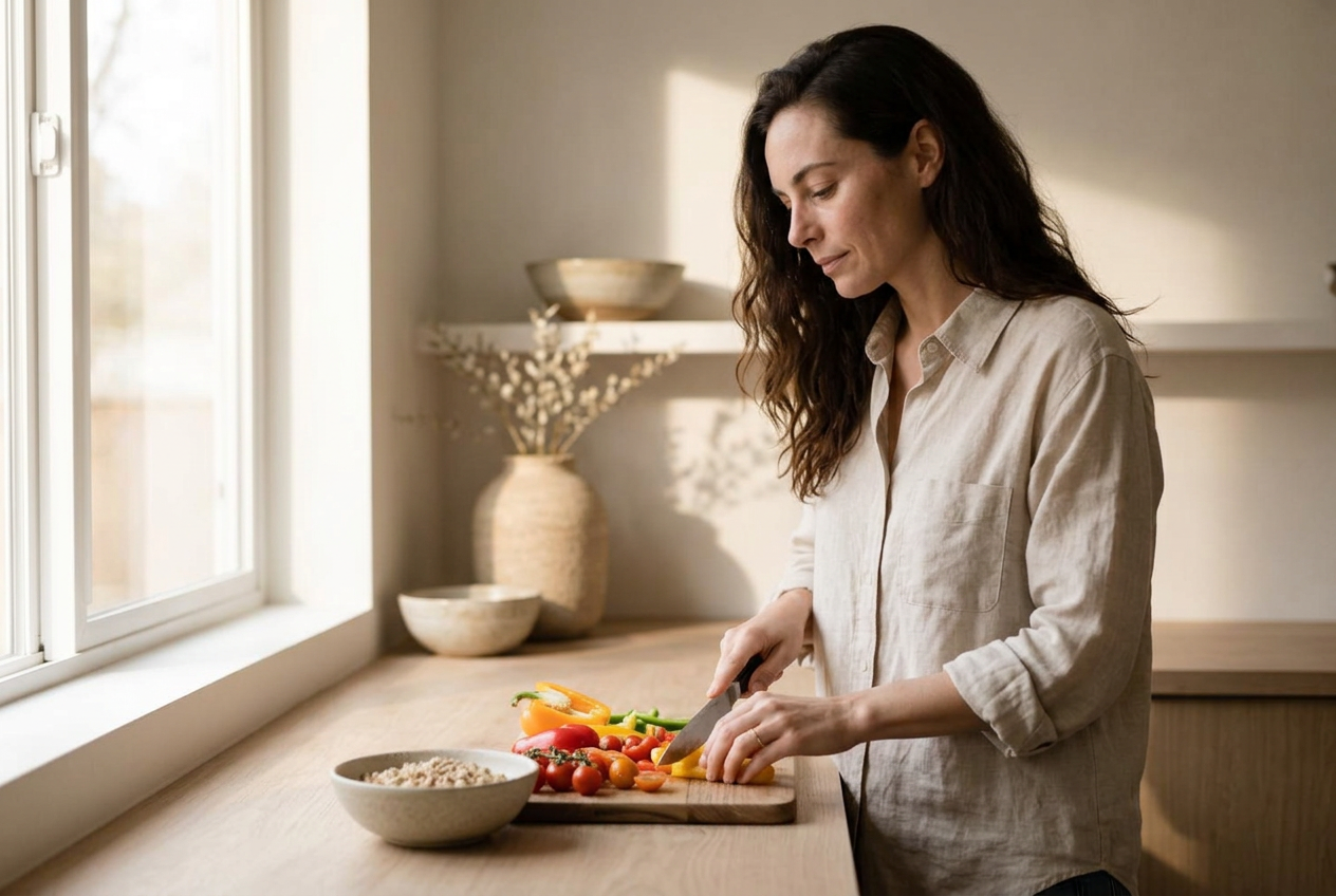 A woman in a sunlit kitchen preparing fresh vegetables for weekly meal planning
