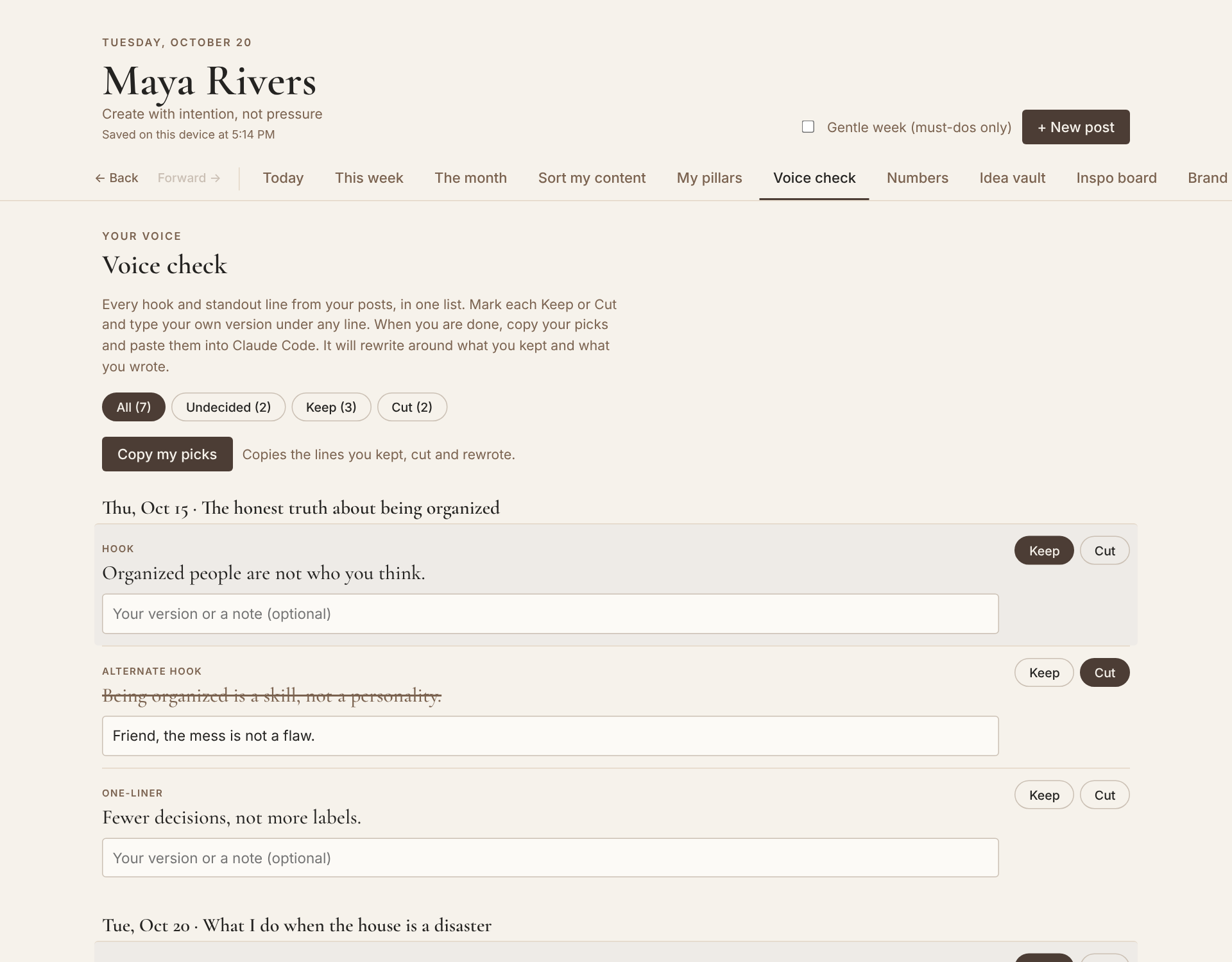 Voice check screen where each hook is marked Keep or Cut with space to type your own version
