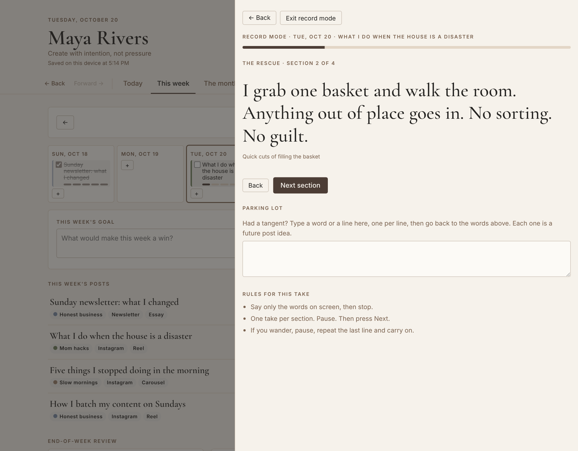 Record mode showing one script section in large type with a parking lot for tangents