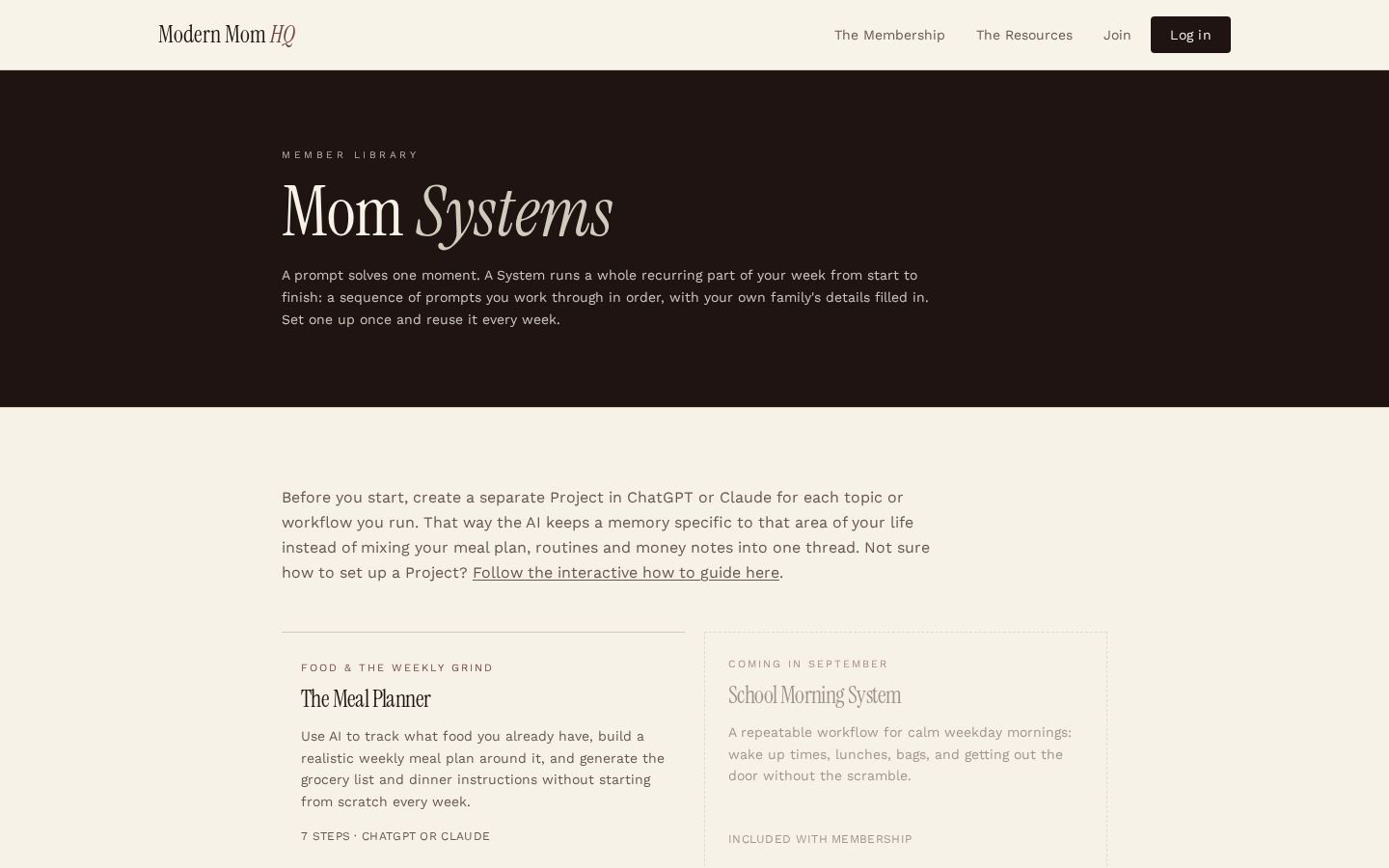The Mom Systems page on a laptop, showing the Meal Planner and School Morning System workflows