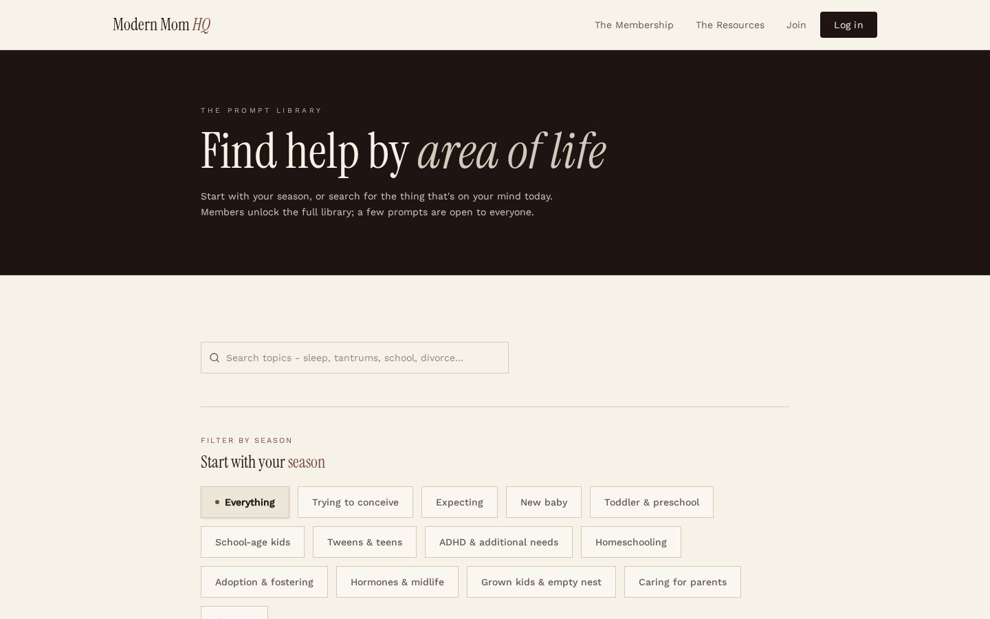 The Modern Mom HQ prompt library open on a laptop, showing prompt categories and titles