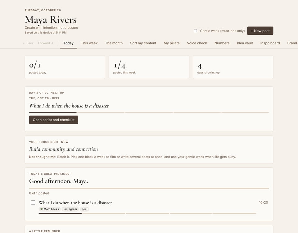 The Today screen of the Creator Dashboard showing Next up, a streak and a short reminder