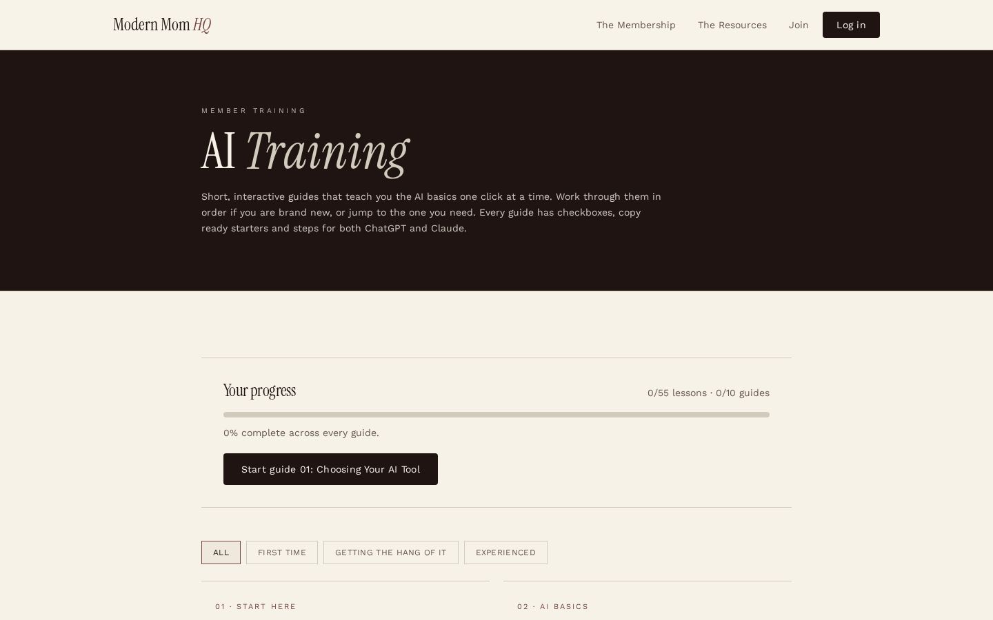 The Modern Mom HQ AI Training page on a laptop, showing guided lessons and progress tracking