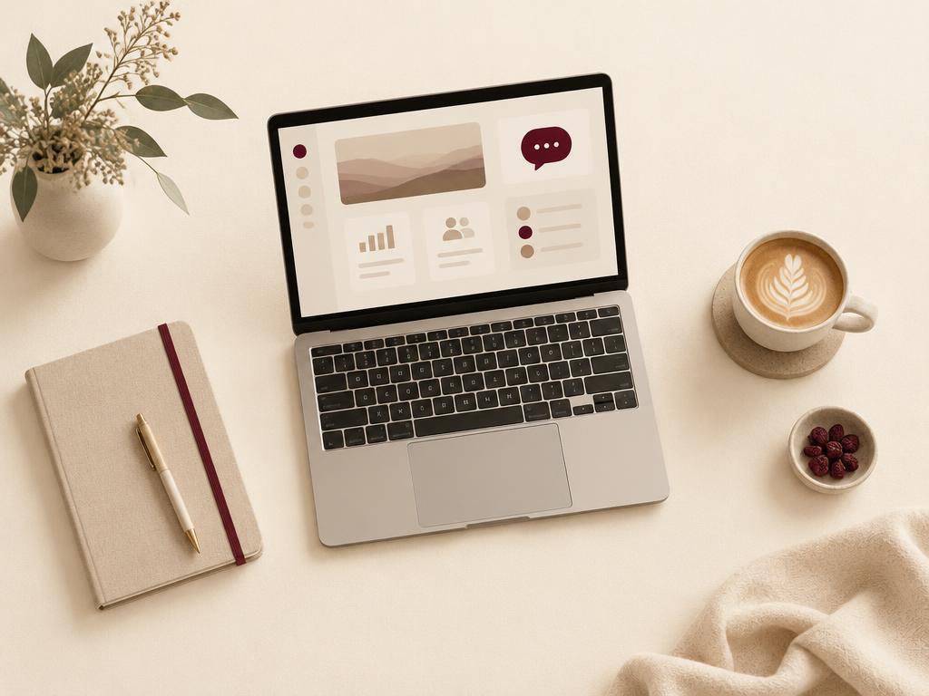 A laptop showing the Modern Mom HQ member tools on a desk