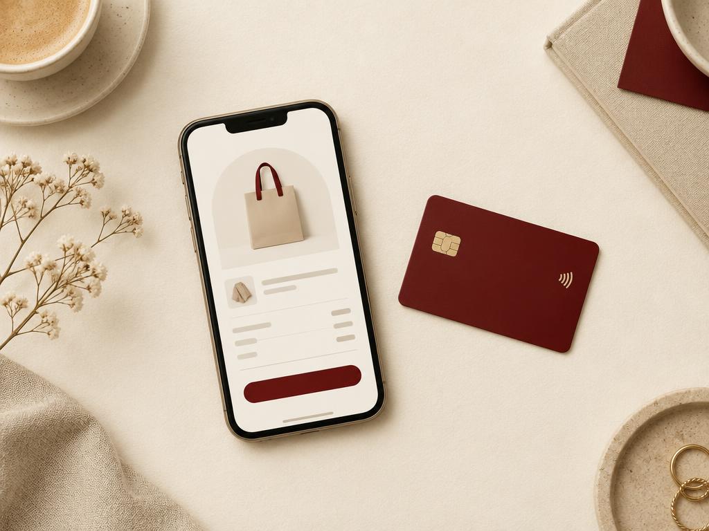 A phone showing an online checkout next to a payment card
