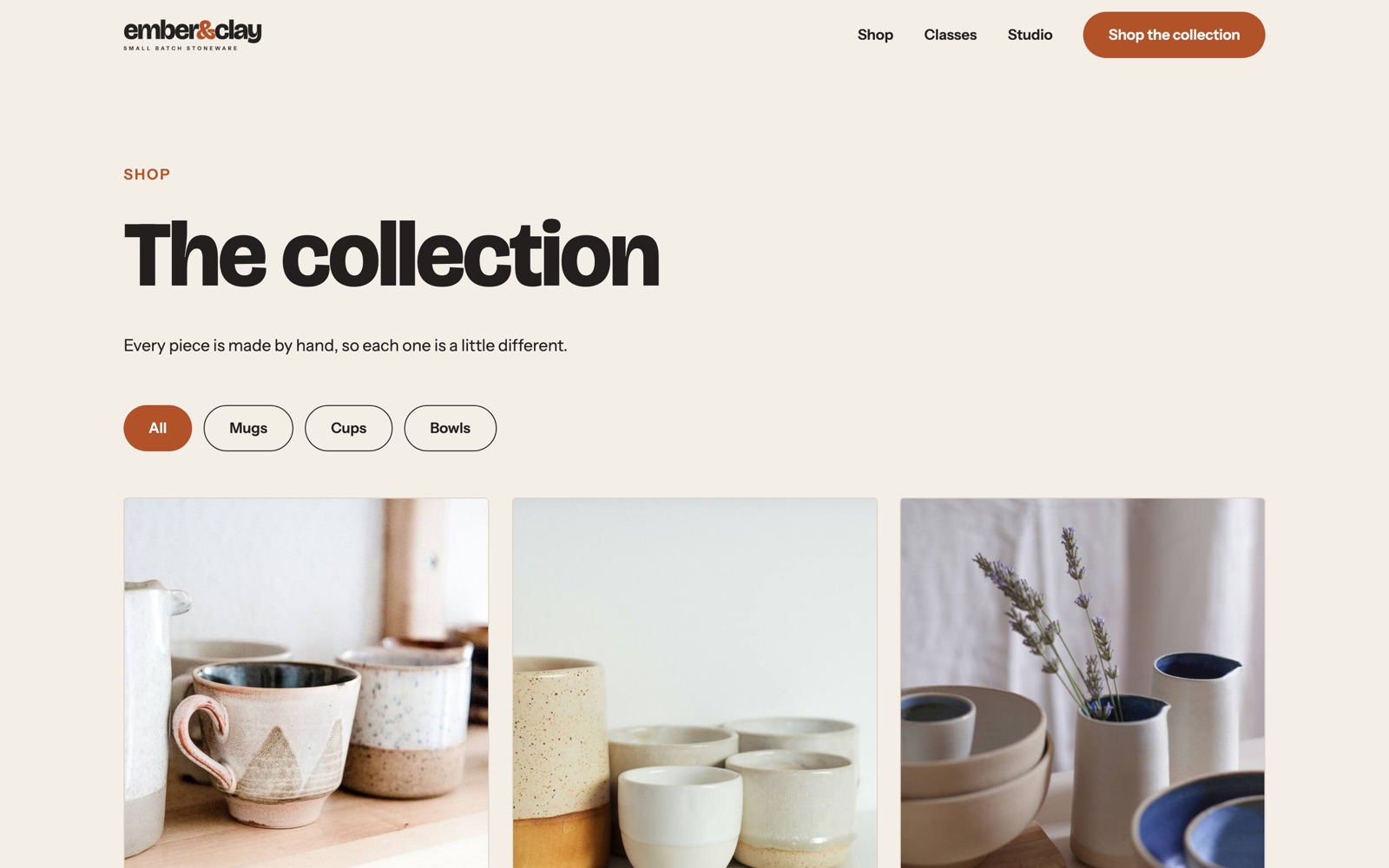 The Ember & Clay shop page with product filters and a Shop the collection button