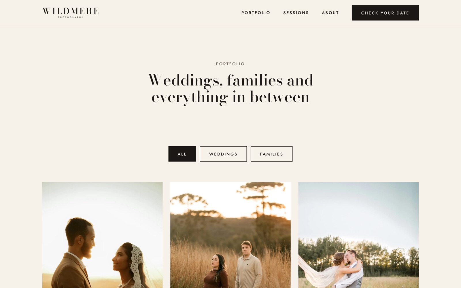 The Wildmere Photography portfolio page with Weddings and Families filter buttons and a Check your date button