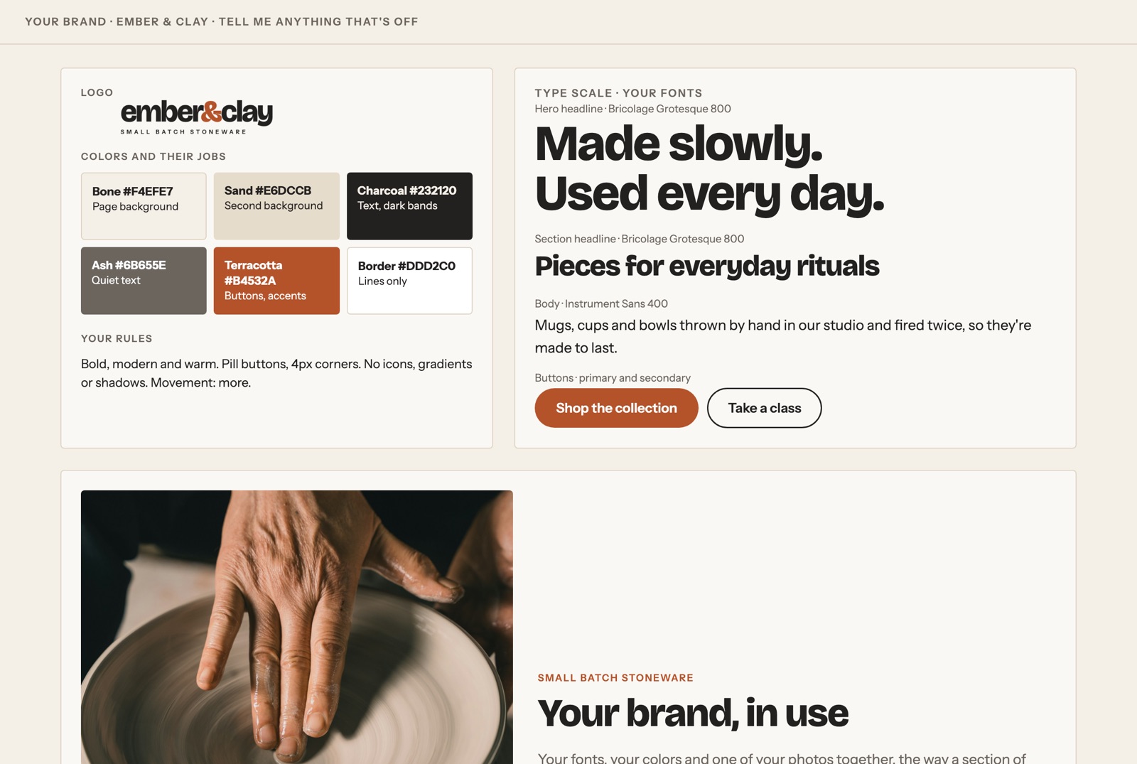 A brand sheet built from the owner's own logo, colors and fonts, with the brand in use